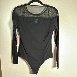 Black Long-Sleeve Mesh Yoke Bodysuit